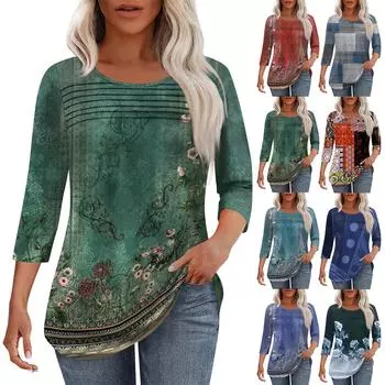 Женская мода круглый вырез шея плиссированная передняя планка с принтом рукав 3/4 топ XL