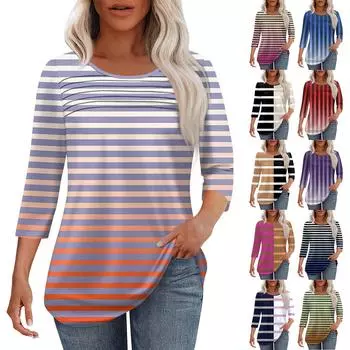 Женская мода круглый вырез шея плиссированная передняя планка однотонный топ рукав 3/4 M