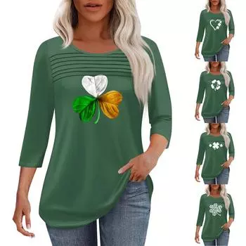 Женская мода круглый вырез шея плиссированная передняя планка однотонный топ рукав 3/4 XXL