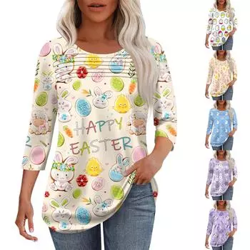 Женская мода круглый вырез шея плиссированная передняя планка с принтом рукав 3/4 топ XXL