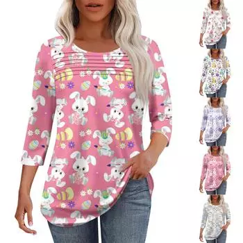 Женская мода круглый вырез шея плиссированная передняя планка с принтом рукав 3/4 топ S белый