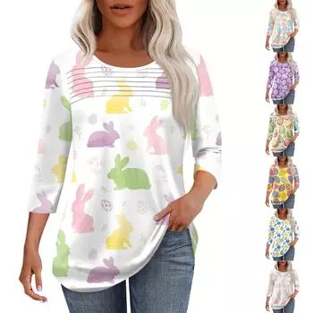 Женская мода круглый вырез шея плиссированная передняя планка с принтом рукав 3/4 топ XL жёлтый