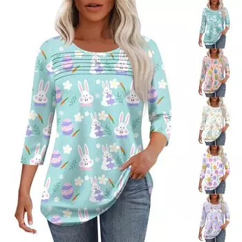 Женская мода круглый вырез шея плиссированная передняя планка с принтом рукав 3/4 топ XXL