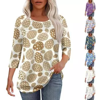 Женская мода круглый вырез шея плиссированная передняя планка с принтом рукав 3/4 топ M золотой