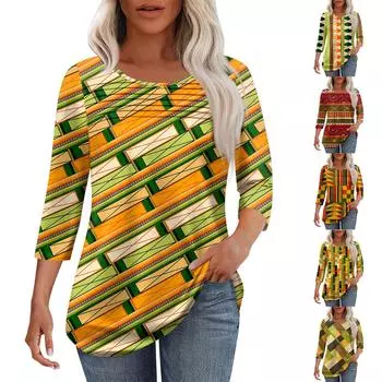 Женская мода круглый вырез шея плиссированная передняя планка с принтом рукав 3/4 топ L