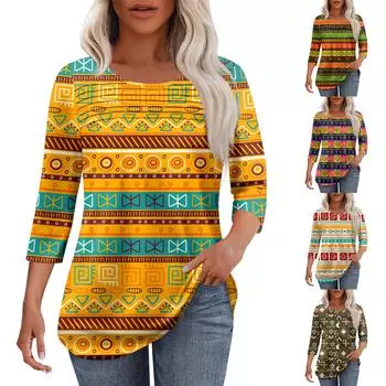 Женская мода круглый вырез шея плиссированная передняя планка с принтом рукав 3/4 топ XL зелёный