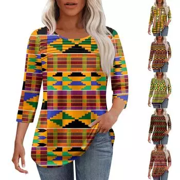 Женская мода круглый вырез шея плиссированная передняя планка с принтом рукав 3/4 топ XXL