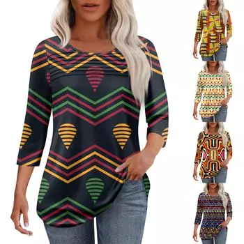 Женская мода круглый вырез шея плиссированная передняя планка с принтом рукав 3/4 топ XXL чёрный