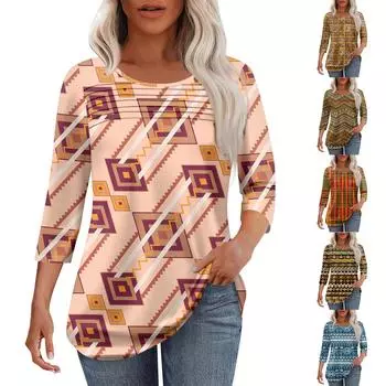 Женская мода круглый вырез шея плиссированная передняя планка с принтом рукав 3/4 топ XL кофейный