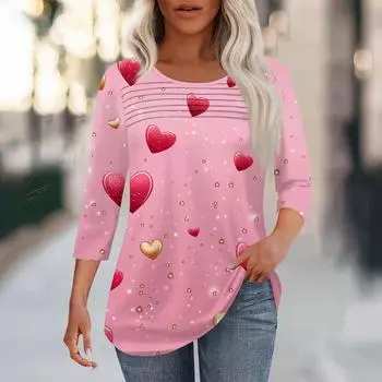 Женская мода круглый вырез шея плиссированный спереди с принтом ко Дню святого Валентина рукав три четверти L светло-розовый