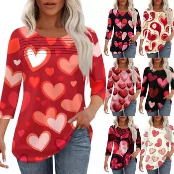 Женская мода круглый вырез шея плиссированный спереди с принтом ко Дню святого Валентина рукав три четверти L бежевый