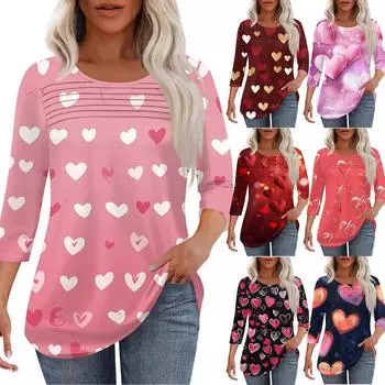 Женская мода круглый вырез шея плиссированный спереди с принтом ко Дню святого Валентина рукав три четверти L чёрный