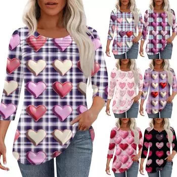 Женская мода круглый вырез шея плиссированный спереди с принтом ко Дню святого Валентина рукав три четверти S чёрный