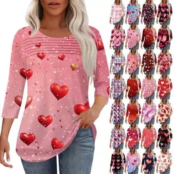 Женская мода круглый вырез шея плиссированный спереди с принтом ко Дню святого Валентина рукав три четверти XXL розовый