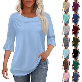 Женская мода круглый вырез шея плиссированный спереди напечатанные точки расклешенный топ рукав 3/4 L