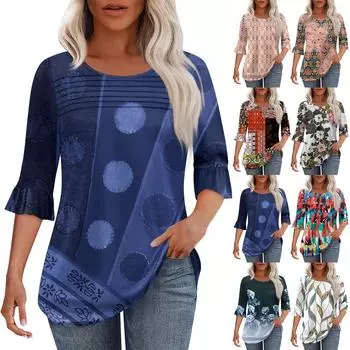 Женская мода круглый вырез шея плиссированный спереди напечатанные точки расклешенный топ рукав 3/4 L