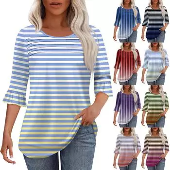 Женская мода круглый вырез шея плиссированный спереди напечатанные точки расклешенный топ рукав 3/4 L темно-синий