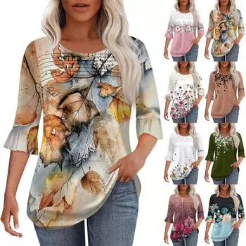 Женская мода круглый вырез шея плиссированный спереди напечатанные точки расклешенный топ рукав 3/4 L армия зеленый