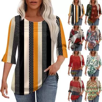 Женская мода круглый вырез шея плиссированный спереди напечатанные точки расклешенный топ рукав 3/4 L