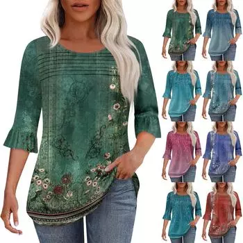 Женская мода круглый вырез шея плиссированный спереди напечатанные точки расклешенный топ рукав 3/4 L синий