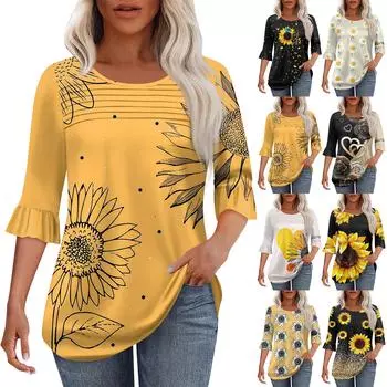 Женская мода круглый вырез шея плиссированный спереди напечатанные точки расклешенный топ рукав 3/4 L бежевый