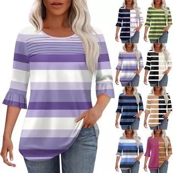 Женская мода круглый вырез шея плиссированный спереди напечатанные точки расклешенный топ рукав 3/4 L