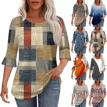 Женская мода круглый вырез шея плиссированный спереди напечатанные точки расклешенный топ рукав 3/4 L верблюд