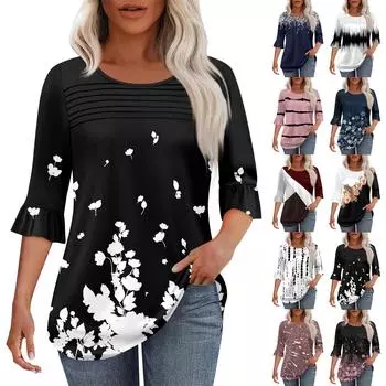 Женская мода круглый вырез шея плиссированный спереди напечатанные точки расклешенный топ рукав 3/4 L чёрный