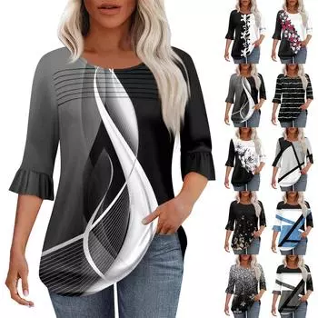 Женская мода круглый вырез шея плиссированный спереди напечатанные точки расклешенный топ рукав 3/4 L чёрный