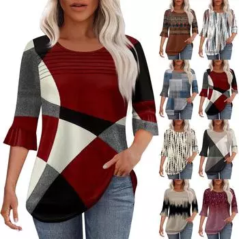 Женская мода круглый вырез шея плиссированный спереди напечатанные точки расклешенный топ рукав 3/4 L