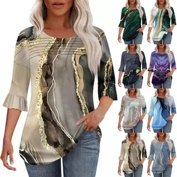 Женская мода круглый вырез шея плиссированный спереди напечатанные точки расклешенный топ рукав 3/4 L верблюд