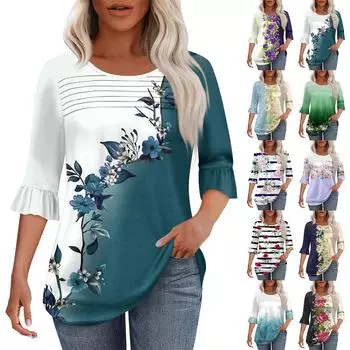 Женская мода круглый вырез шея плиссированный спереди напечатанные точки расклешенный топ рукав 3/4 M