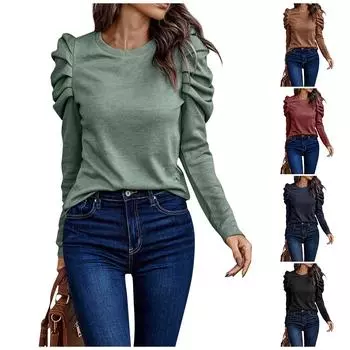 Женская мода круглый вырез сплошной цвет с длинным рукавом украшение на пуговицах свободный топ L чёрный