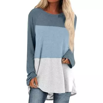 Женская мода круглый вырез сращивание повседневный свободный длинный рукав футболка топ XL синий