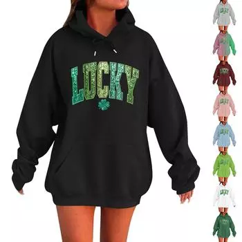 Женская мода круглый вырез St. Повседневная толстовка с капюшоном и длинными рукавами с принтом Патрика XXL