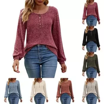 Женская мода круглый вырез в рубчик матовый однотонный пуговица с длинным рукавом L армия зеленый