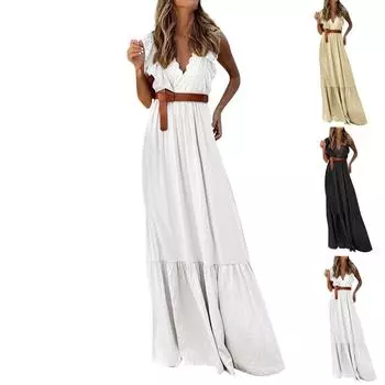 Женская мода Кружева V-образным вырезом Повседневный стиль Кружевные плиссированные платья без рукавов L чёрный