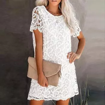 Женская мода кружево большого размера тяжелая вышивка полые тонкие платья с короткими рукавами L белый