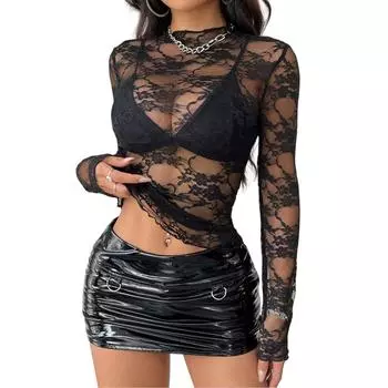 Женская мода кружево деревянные серьги повседневный однотонный топ с длинным рукавом L чёрный