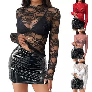 Женская мода кружево деревянные серьги повседневный однотонный топ с длинным рукавом L чёрный