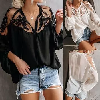 Женская мода кружево пэчворк длинный рукав блузка повседневные свободные топы футболка рубашка S белый