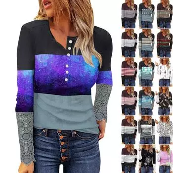 Женская мода кружево с длинным рукавом полоска с отверстиями тонкий пуловер с круглым вырезом и пуговицами женская футболка XXL чёрный