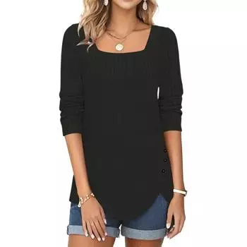 Женская мода квадратный вырез однотонный флис длинный рукав декоративный пуговицы подола разрез топ M чёрный