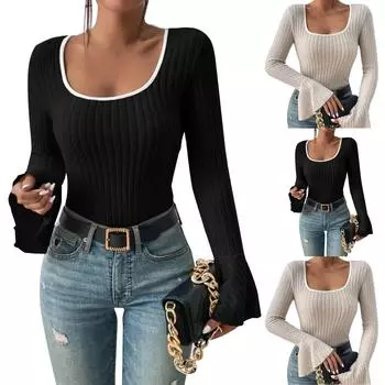 Женская мода квадратный вырез приталенный топ с контрастным цветом расклешенные длинные рукава L чёрный