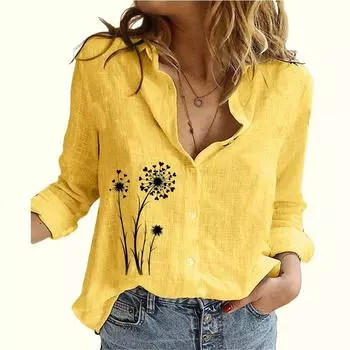 Женская мода льняная рубашка с цветочным принтом, лето и осень, повседневная рубашка с длинным рукавом, женская тонкая блузка с воротником-стойкой на пуговицах S белый
