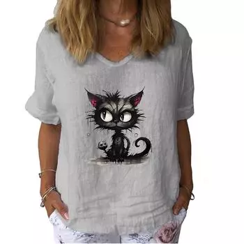 Женская мода льняная рубашка с принтом кошки, летняя повседневная рубашка с коротким рукавом, пуловер с цветочным принтом, свободная блузка S
