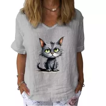 Женская мода льняная рубашка с принтом кошки, летняя повседневная рубашка с коротким рукавом, женский пуловер с цветочным принтом, свободная блузка S