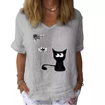 Женская мода льняная рубашка с принтом кошки, летняя повседневная рубашка с коротким рукавом, пуловер с цветочным принтом, свободная блузка S