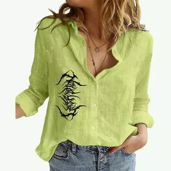 Женская мода, льняной топ с лацканами, весенне-осенняя повседневная рубашка-кардиган с длинным рукавом, блузки с длинными рукавами с принтом S белый
