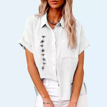 Женская мода, льняной топ с лацканами и вырезом, летняя и осенняя повседневная футболка, женские блузки на пуговицах с короткими рукавами, свободная футболка с принтом S белый